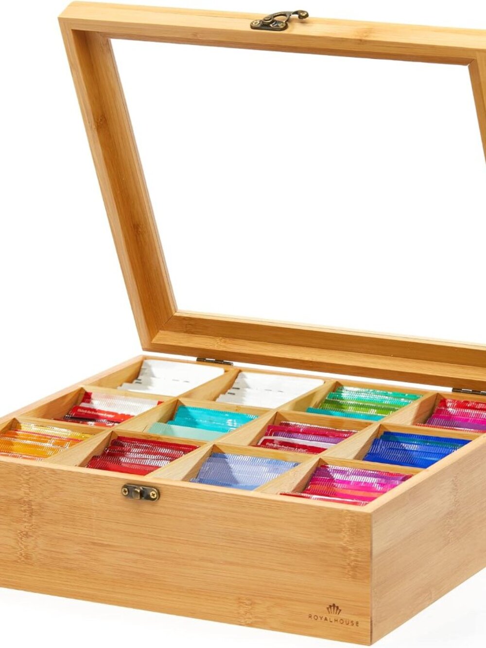 Natural Bamboo Tea Storage Organizer, Clear Acrylic Top, 12 Compartments